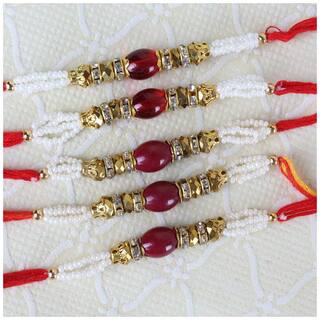 MJR Set of  5 Stone & Pearl Rakhi / Rakhi for Brother with Rakshabandhan Card & Roli Chawal