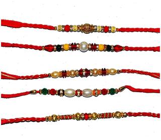 MJR Set of  5 Designer Rakhi for Rakshabandhan with Rakhi Card & Roli Chawal