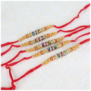 MJR Set of  5 AD & Pearl Rakhi / Rakhi for Beloved Brother with Rakshabandhan Card & Roli Chawal
