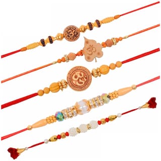 MJR Set of  5 Designer Rakhi for Rakshabandhan with Rakhi Card & Roli Chawal