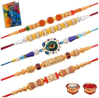 MJR Set of  5 AD & Pearl Rakhi / Rakhi for Beloved Brother with Rakshabandhan Card & Roli Chawal