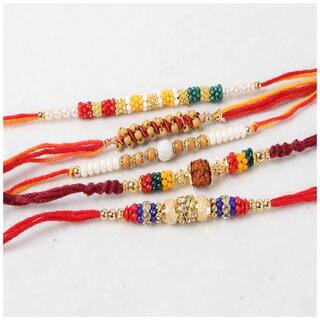 MJR Set of  5 Designer Rakhi for Rakshabandhan with Rakhi Card & Roli Chawal