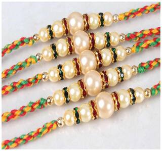 MJR Set of 5 Rakhi /Pearl/Rudraksha/Om/Ganesh/Swastika/Crystal/ Rakhi for Brother with Rakhi Card & Roli Chawal