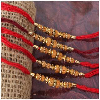 MJR Set of  5 Stone & Pearl Rakhi / Rakhi for Brother with Rakshabandhan Card & Roli Chawal