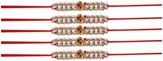 MJR Set of 5 Rakhi /Pearl/Rudraksha/Om/Ganesh/Swastika/Crystal/ Rakhi for Brother with Rakhi Card & Roli Chawal
