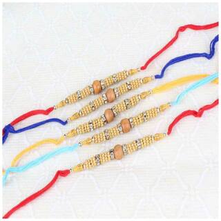 MJR Set of  5 Rakhi / Rakhi for Rakshabandhan / Rudrakash / OM / Ganesh / Swastik / Crystal with Rakhi Card & Roli Chawal