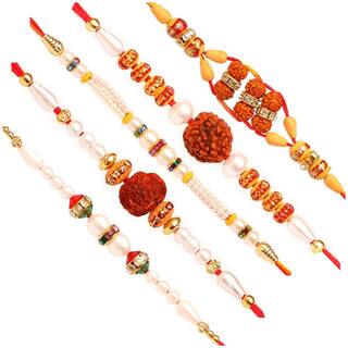 MJR Set of  5 Rakhi / Rakhi for Rakshabandhan / Rudrakash / OM / Ganesh / Swastik / Crystal with Rakhi Card & Roli Chawal
