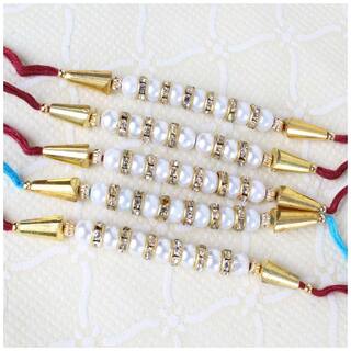 MJR Set of  5 Stone & Pearl Rakhi / Rakhi for Brother with Rakshabandhan Card & Roli Chawal