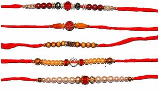 MJR Set of  5 Designer Rakhi for Rakshabandhan with Rakhi Card & Roli Chawal