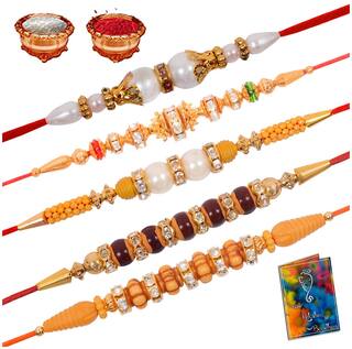 MJR Set of  5 Stone & Pearl Rakhi / Rakhi for Brother with Rakshabandhan Card & Roli Chawal