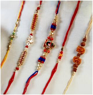 MJR Set of  5 Rakhi / Rakhi for Rakshabandhan / Rudrakash / OM / Ganesh / Swastik / Crystal with Rakhi Card & Roli Chawal