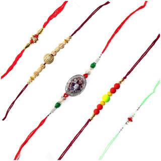 MJR Set of  5 Rakhi / Rakhi for Rakshabandhan / Rudrakash / OM / Ganesh / Swastik / Crystal with Rakhi Card & Roli Chawal