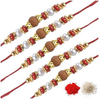 MJR Set of  5 AD & Pearl Rakhi / Rakhi for Beloved Brother with Rakshabandhan Card & Roli Chawal
