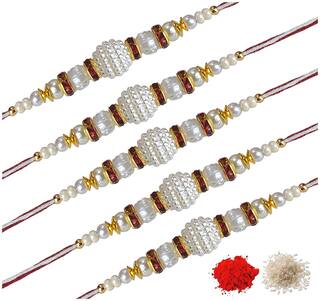 MJR Set of  5 Rakhi / Rakhi for Rakshabandhan / Rudrakash / OM / Ganesh / Swastik / Crystal with Rakhi Card & Roli Chawal