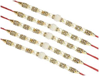 MJR Set of  5 Stone & Pearl Rakhi / Rakhi for Brother with Rakshabandhan Card & Roli Chawal
