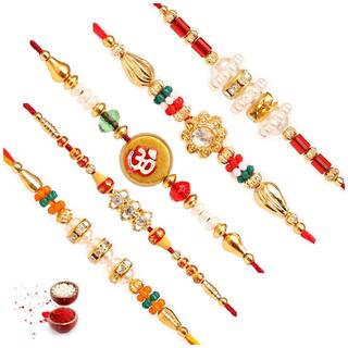 MJR Set of  5 AD & Pearl Rakhi / Rakhi for Beloved Brother with Rakshabandhan Card & Roli Chawal