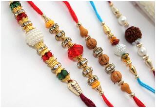 MJR Set of 5 Rakhi /Pearl/Rudraksha/Om/Ganesh/Swastika/Crystal/ Rakhi for Brother with Rakhi Card & Roli Chawal