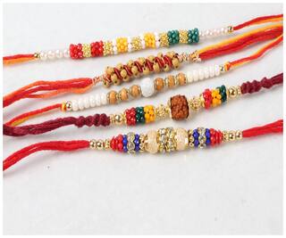 MJR Set of 5 Rakhi /Pearl/Rudraksha/Om/Ganesh/Swastika/Crystal/ Rakhi for Brother with Rakhi Card & Roli Chawal