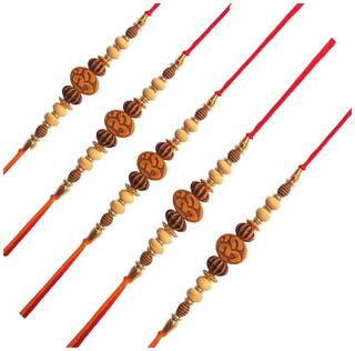 MJR Set of  5 Stone & Pearl Rakhi / Rakhi for Brother with Rakshabandhan Card & Roli Chawal