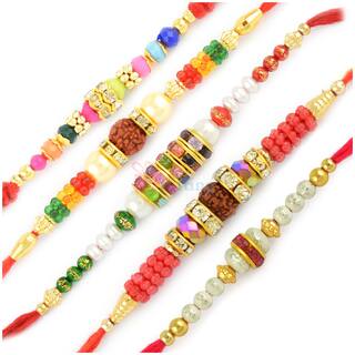 MJR Set of  5 Designer Rakhi for Rakshabandhan with Rakhi Card & Roli Chawal
