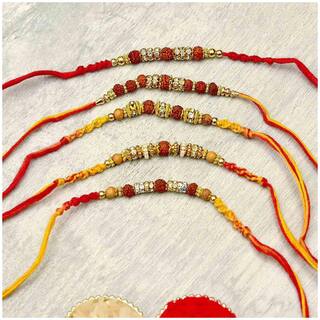 MJR Set of  5 Rakhi / Rakhi for Rakshabandhan / Rudrakash / OM / Ganesh / Swastik / Crystal with Rakhi Card & Roli Chawal