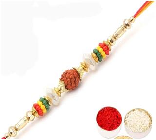 MJR Traditional Designer Rakhi Set for Brother | Rakhi Combo (Roli, Chawal, Mishri) -120