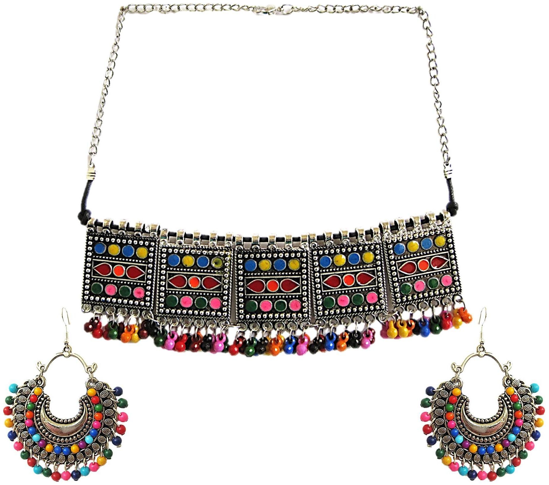 

muccasacra Fresh Arrival Multi-colour Meenkari Collar silver Finish Traditional Looking Beads Alloy Fabric Necklace