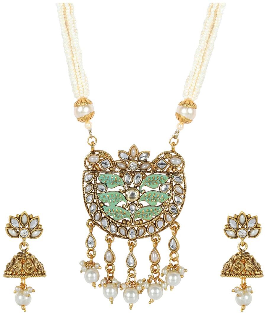 

Much-More Antique Gold Long Necklace Crystal Faux Kundan Traditional Set Party Wear Jewellery For Women s