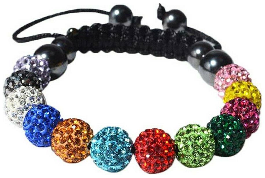 

Multicolor Crystals Black Cord Onyx Macrame Beaded Disco Ball Bracelet