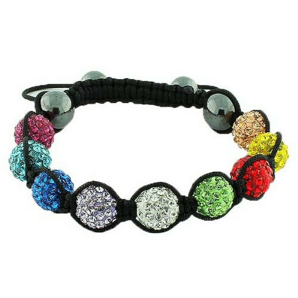 

Multicolor Crystals Black Cord Onyx Macrame Beaded Ball Bracelet