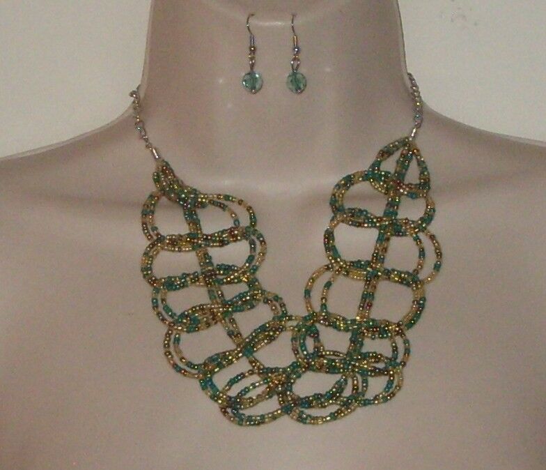 

My Style Costume Jewely Green Gold Braided Necklace Earring Set