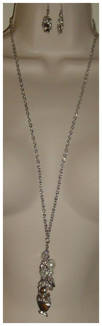 

My Style White Silver Owl Beaded Necklace Pierced Earrings Costume Jewelry New