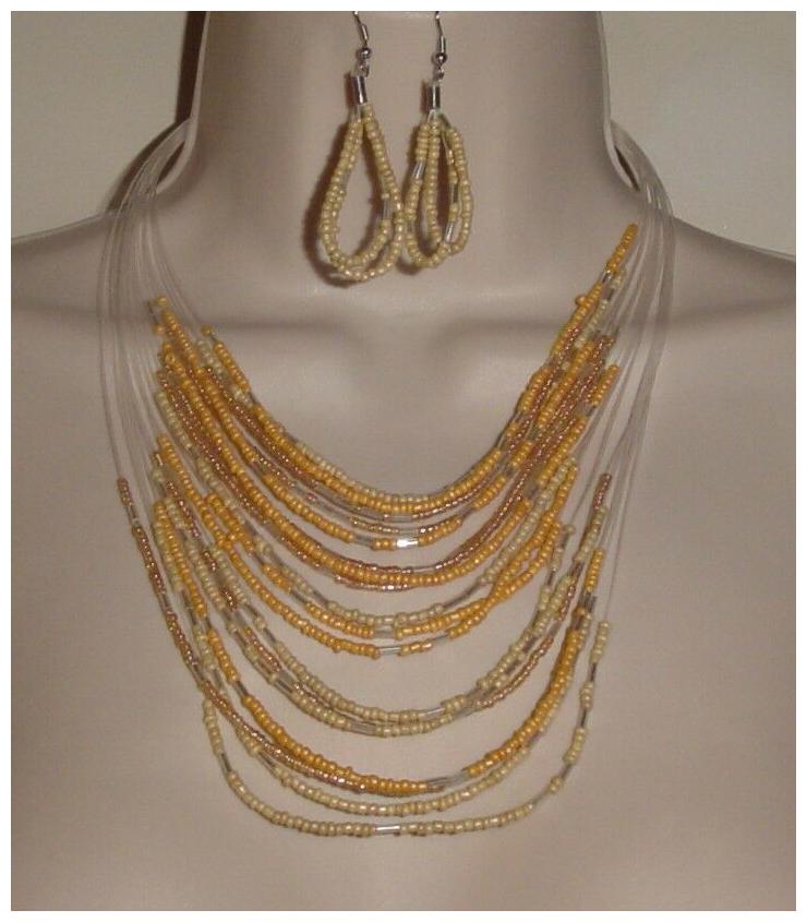 

My Style Yellow Brown Beaded Pierced Earrings Set Costume Jewelry New
