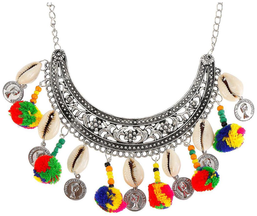 

NAWAB long boho afghani shell coin pom pom antique finish necklace
