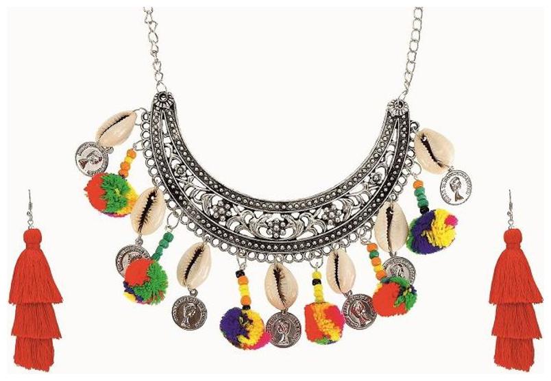 

NAWAB multicolor pom-pom shell coin boho afgani gypsy necklace with red tassel earrings Alloy Necklace Set