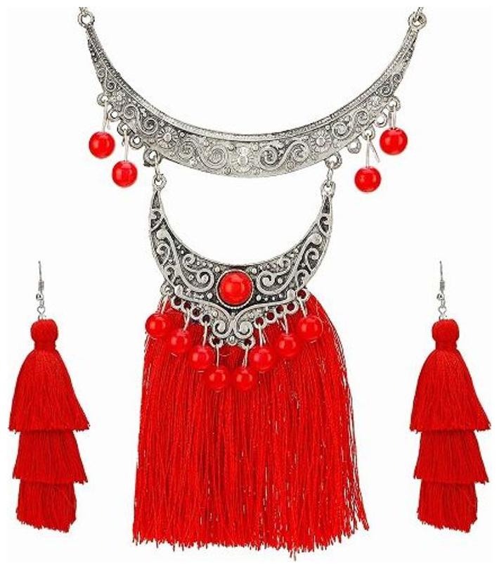 

NAWAB red tassel boho afgani gypsy (necklace and earrings) Alloy Necklace Se