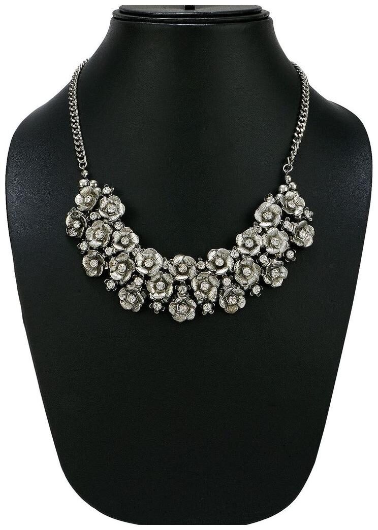 

NAWAB rose cluster boho afghani designer silver antique finish necklace