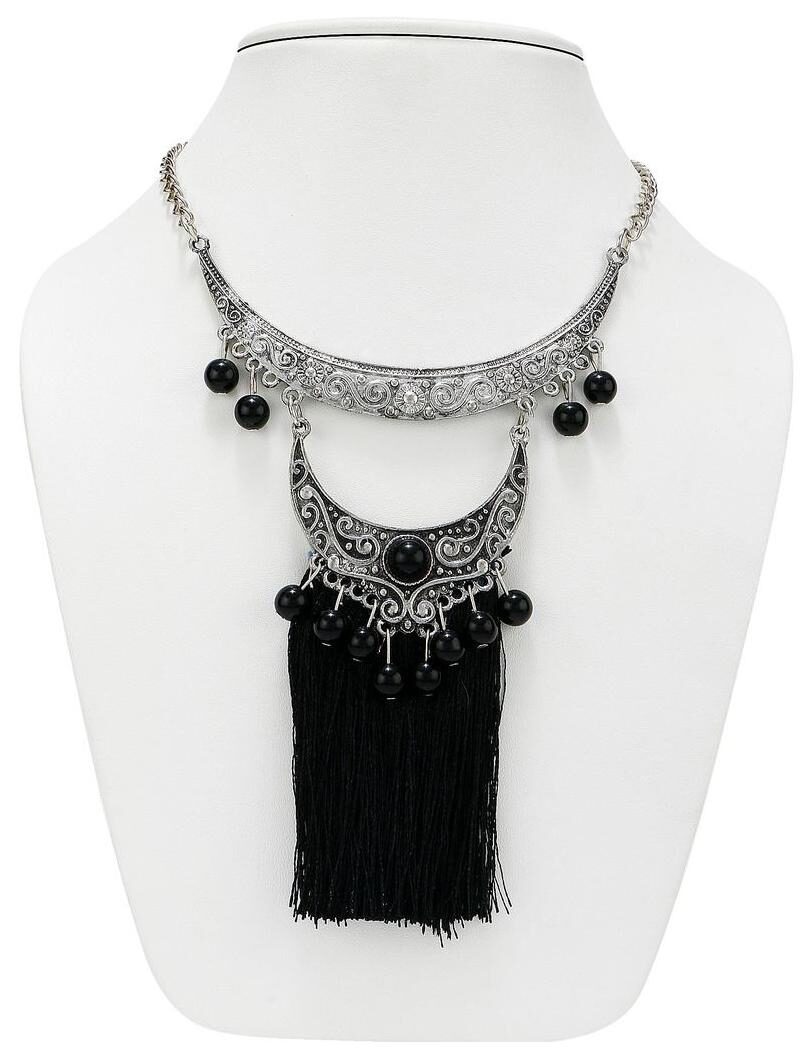

NAWAB two layer long black boho afghani tassel necklace