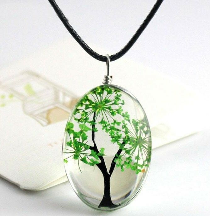 

Necklaces Retro Real Dried Flower Tree of Life Leather Rope Glass Many Colors