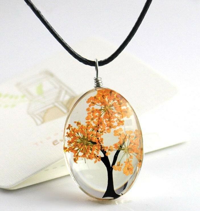 

Necklaces Retro Real Dried Flower Tree of Life Leather Rope Glass Many Colors