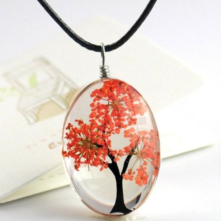 

Necklaces Retro Real Dried Flower Tree of Life Leather Rope Glass Many Colors