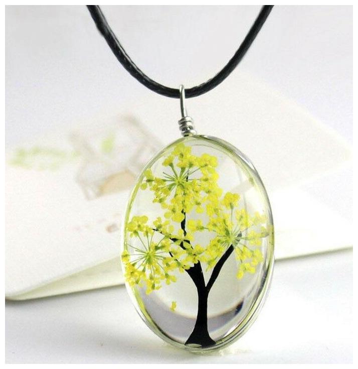 

Necklaces Retro Real Dried Flower Tree of Life Leather Rope Glass Many Colors