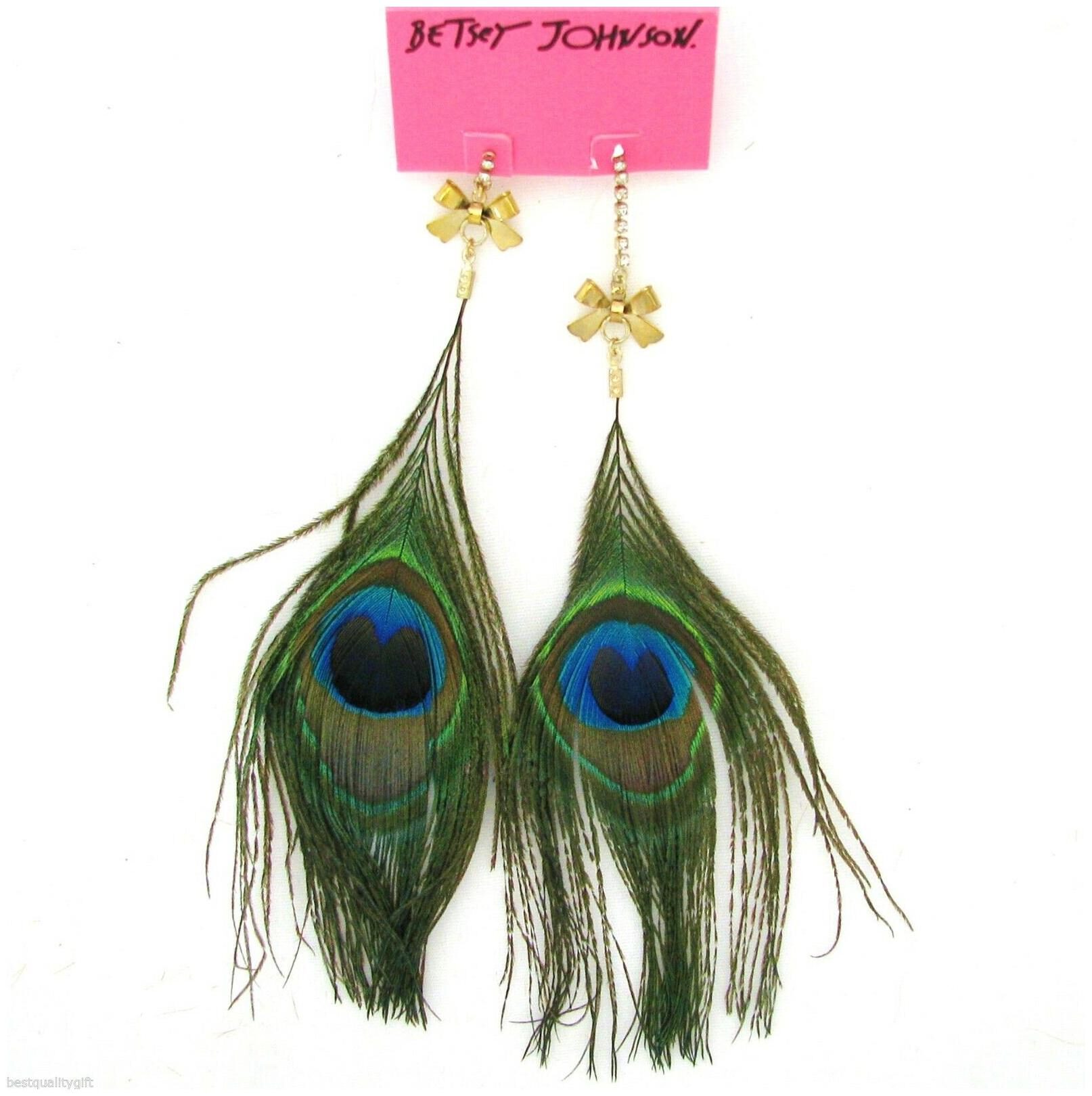 

NEW BETSEY JOHNSON CRYSTAL CHAIN GOLD TONE BOW PEACOCK FEATHER EARRINGS