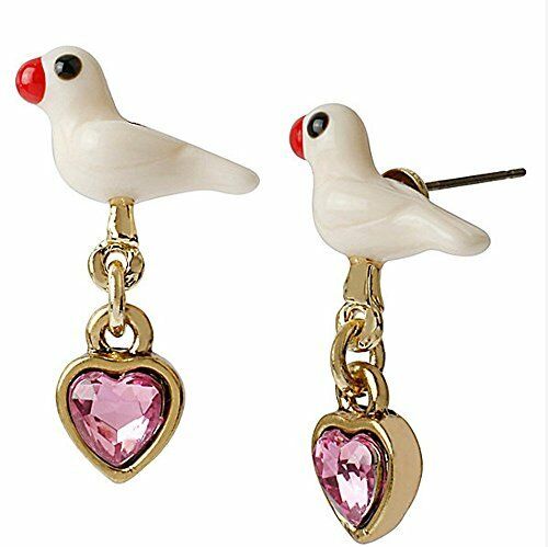 

NEW BETSEY JOHNSON GOLD TONE PINK CRYSTALS WHITE DOVE STUDS EARRINGS B10045-E01