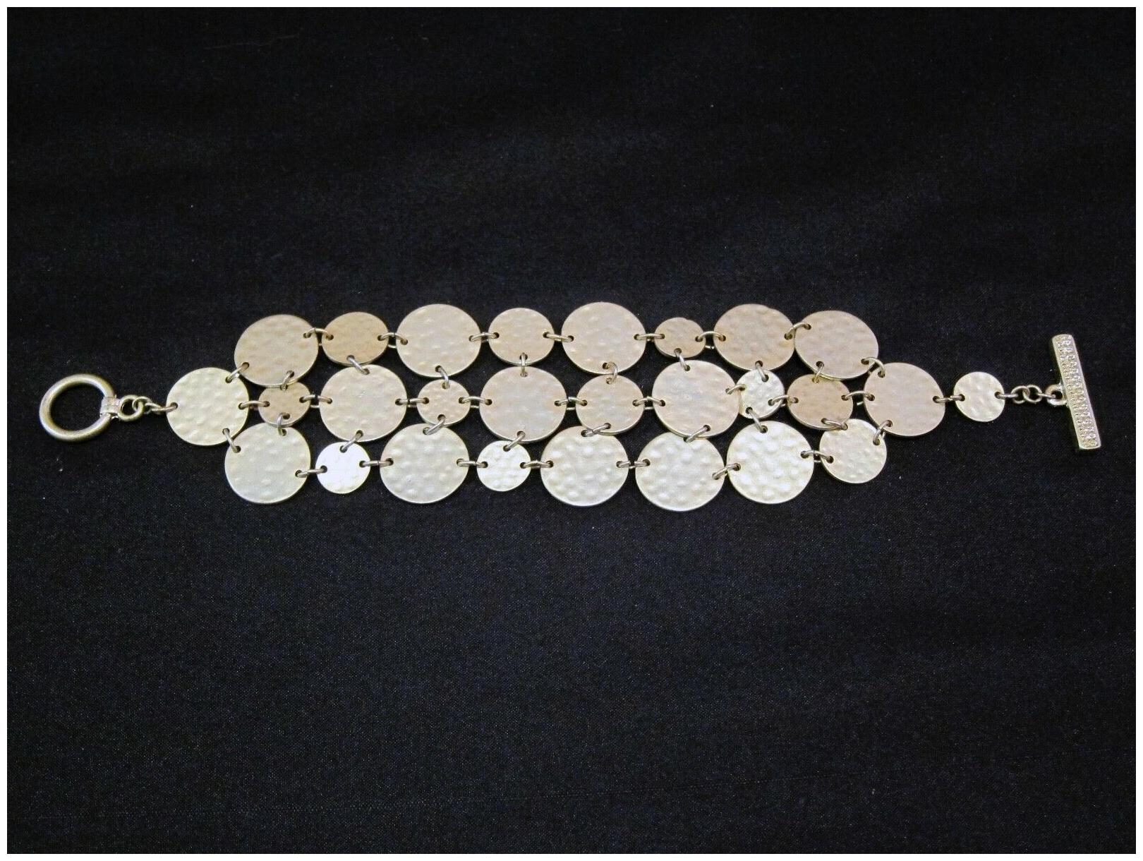 

new CACHET wide LINKED COIN BRACELET Antique-GOLD-tone hammered metal VALENTINES