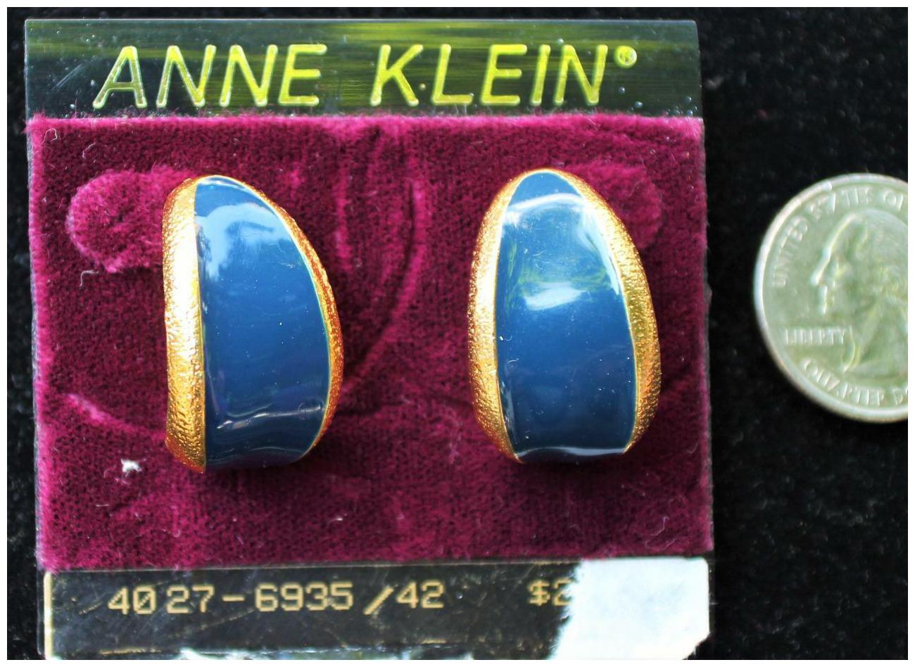 

New Card Old Stock ANNE KLEIN Goldtone Blue Enamel Teardrop Pierced Earrings 1