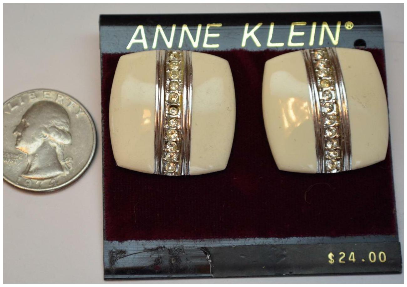 

New Card Old Stock ANNE KLEIN Goldtone White Rhinestones Pierced Earrings