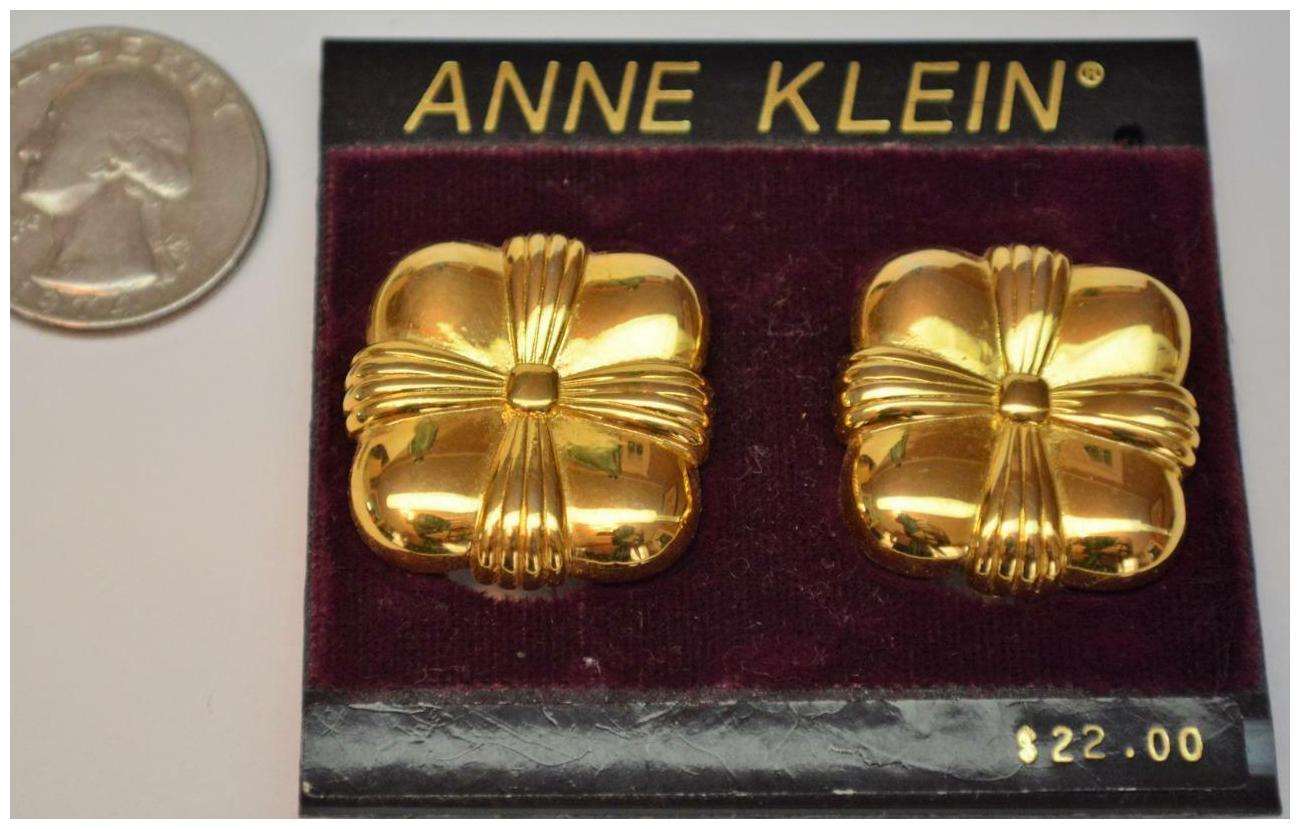 

New Card Old Stock ANNE KLEIN Goldtone Polished Button Shape Clip-On Earrings