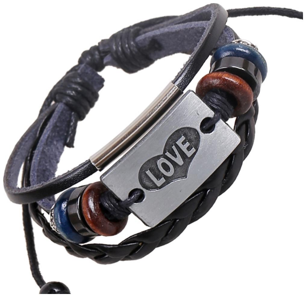 

New European and American new antique silver alloy LOVE real leather beaded bracelet (J164)