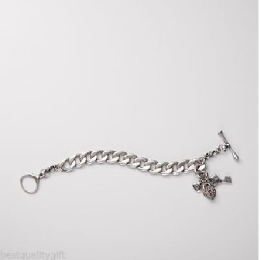 

NEW-FOSSIL ANTIQUE SILVER TONE LARGE LINK CRYSTAL HEART BRACELET-JA3761040